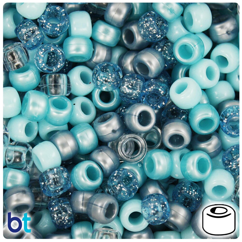 BeadTin Light Blue Mix 9mm Barrel Plastic Pony Beads (500pcs)