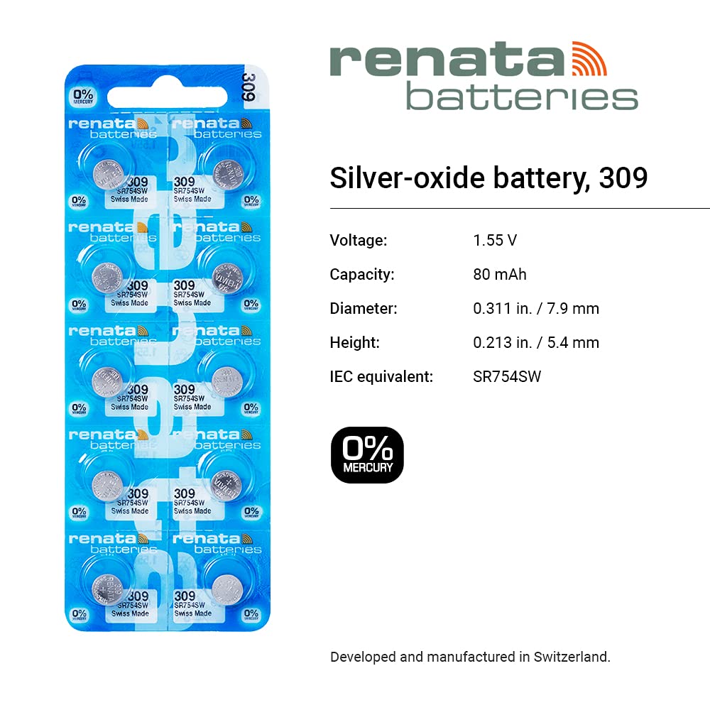 Renata 309 Single Watch Battery Swiss Made Silver Oxide 1.5 V (2 Batteries, 09 or SR754SW)