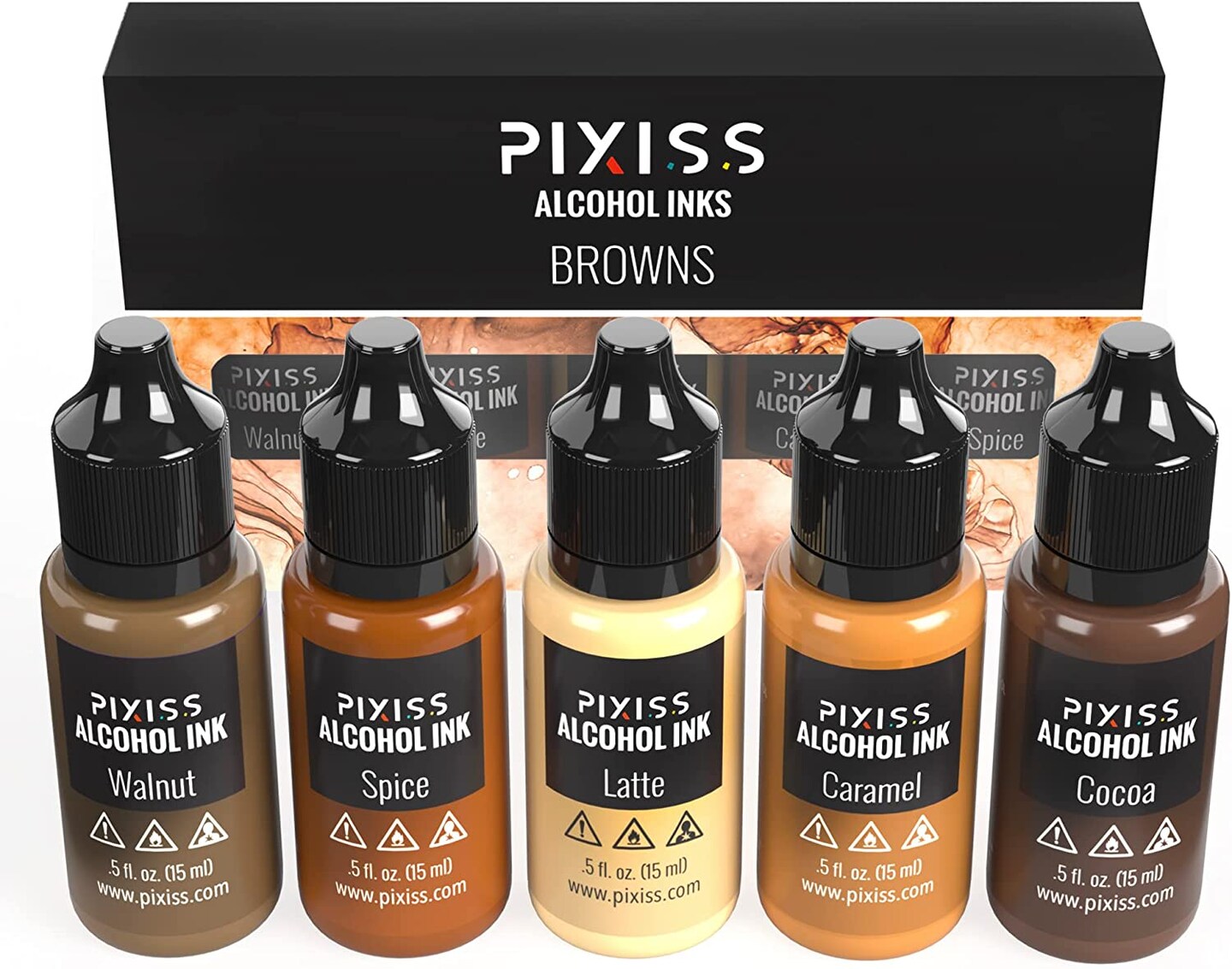Pixiss Browns Alcohol Inks Set, 5 Highly Saturated Brown Alcohol Inks for Resin