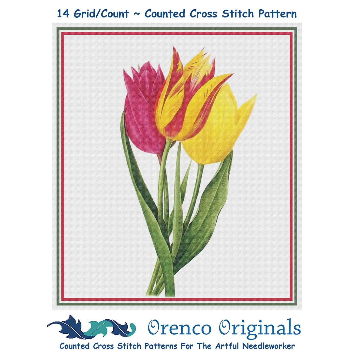 Bouquet of Tulip Flowers Inspired by Pierre-Joseph Redoute Counted Cross Stitch Pattern
