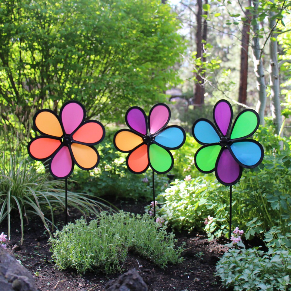 In the Breeze 10 Inch Neon Flower Spinners - 3 Pack - Colorful Wind Spinners for your Yard and Garden