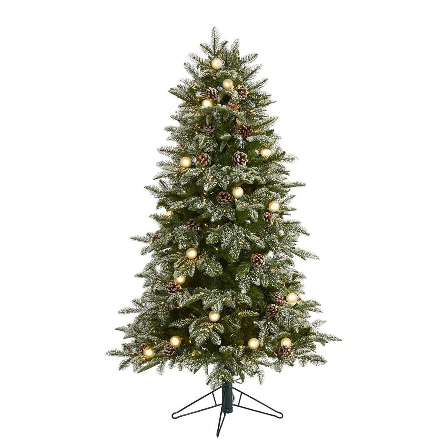 Nearly Natural 5&#x27; Flocked Whistler Mountain Fir Artificial Christmas Tree with 250 Warm White LED Lights with Instant Connect Technology, 28 Globe Bulbs, Pine Cones and 480 Bendable Branches