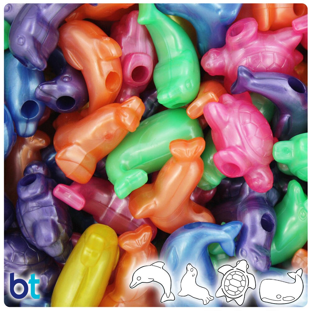 BeadTin Bright Mix Pearl Marine Life Plastic Pony Beads (2oz)