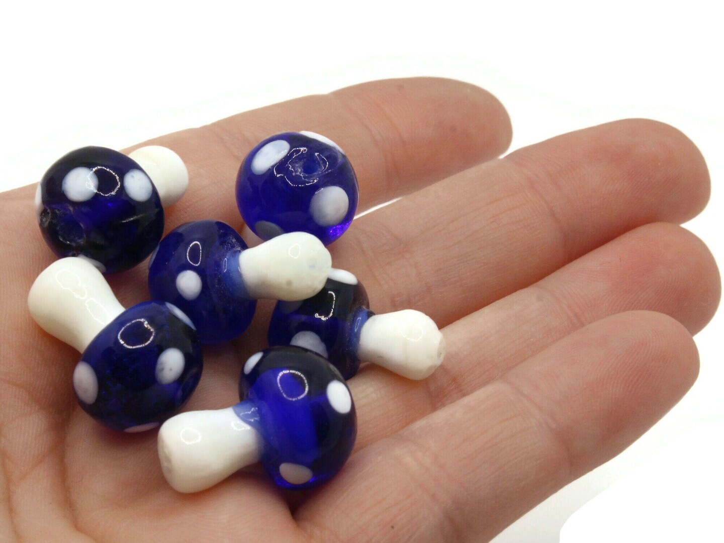 6 19mm Royal Blue and White Polka Dot Mushroom Lampwork Glass Beads