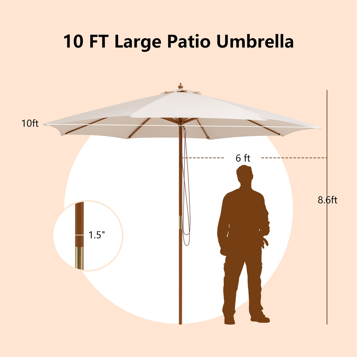 10FT Patio Wooden Market Table Umbrella Pulley w/8 Bamboo Ribs Sunshade Canopy