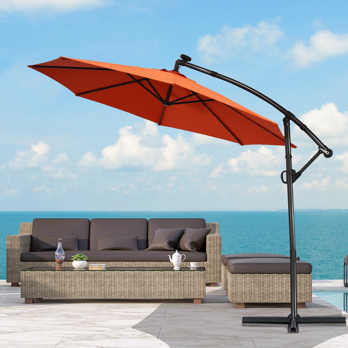 Costway 10FT Patio Offset Umbrella 32 Solar LED Light 360degrees Rotation Aluminum Beige/Blue/Turquoise/Navy/Orange/Burgundy/Gray