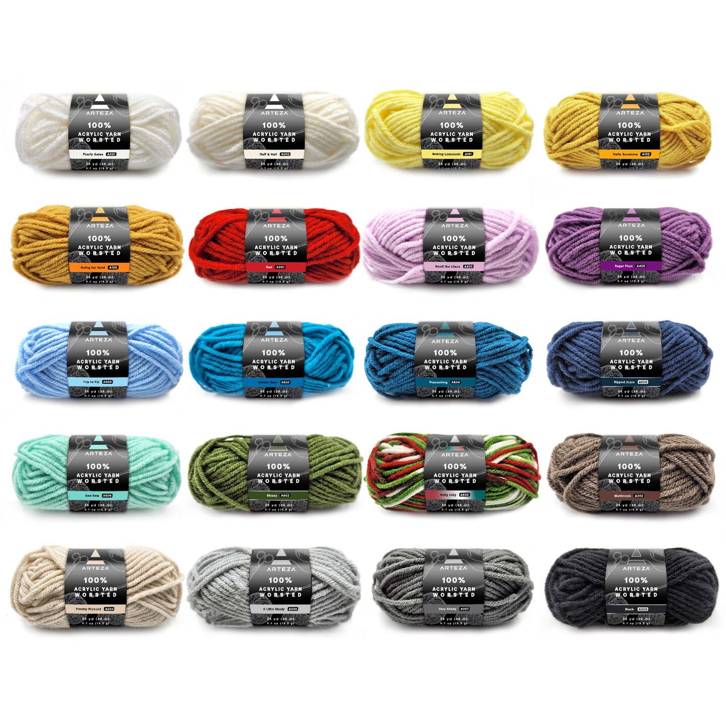 Arteza 100% Worsted Acrylic Yarn Multi Pack, Classic Colors - Mini Pack of 20