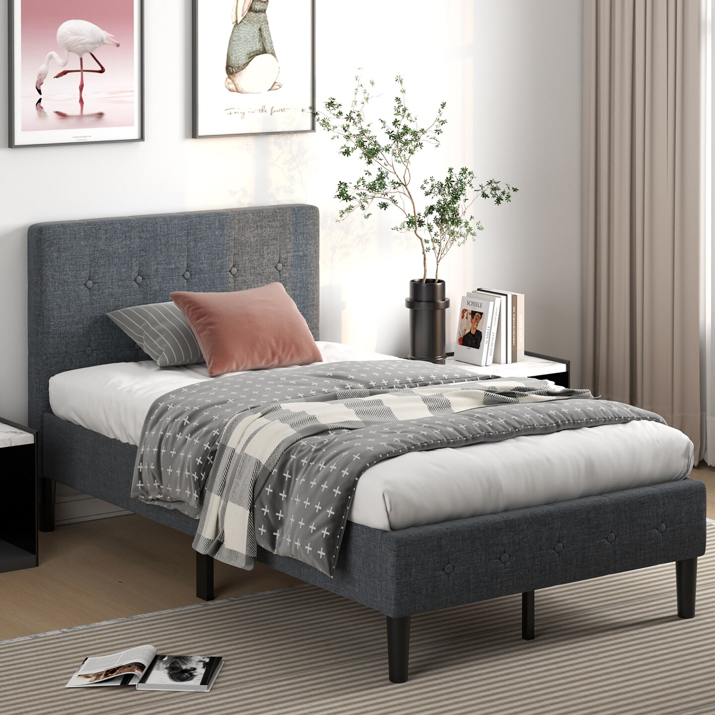 Costway Twin Size Upholstered Bed Frame Platform Bed with Button Tufted Headboard Mattress Foundation Grey