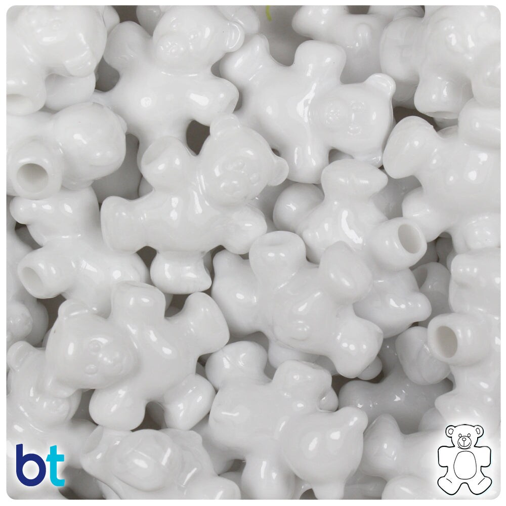 BeadTin White Opaque 25mm Teddy Bear Plastic Pony Beads (24pcs)