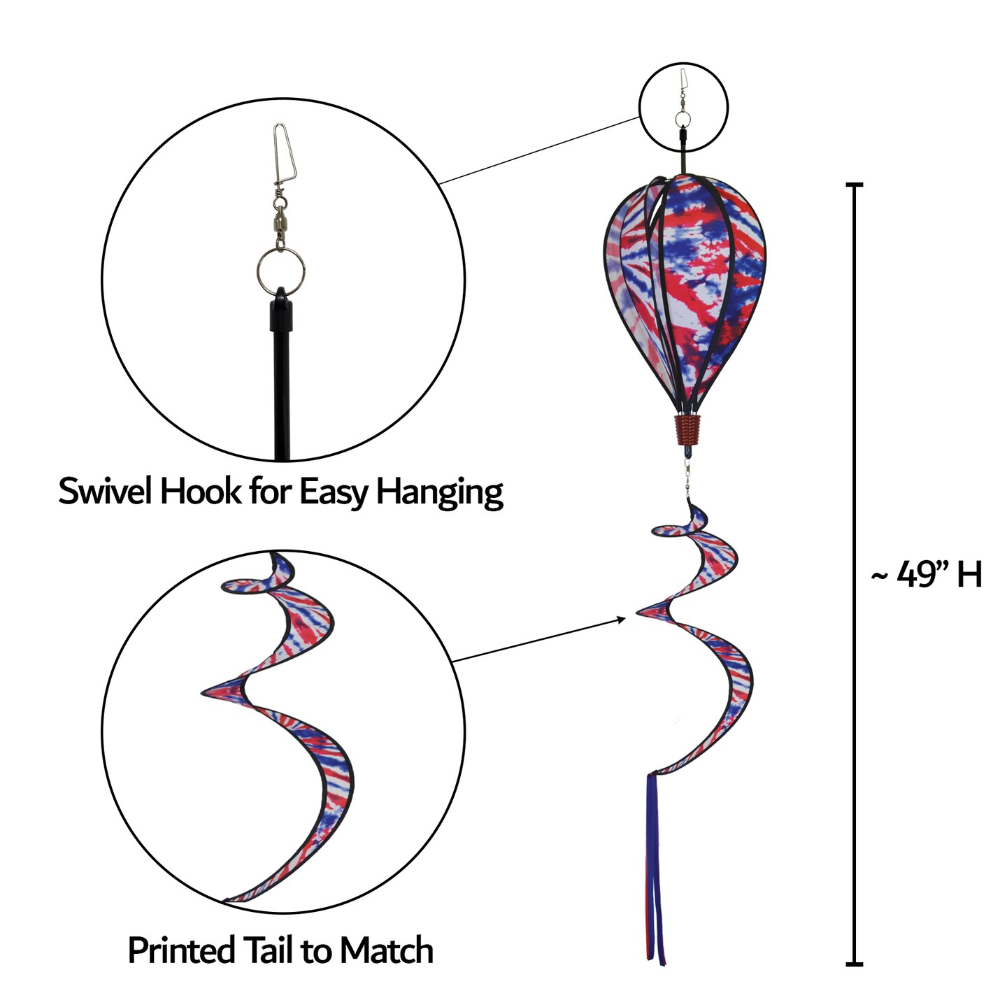 In the Breeze 0981 - Red, White and Blue Tie Dye Hot Air Balloon Spinner - Outdoor Hanging Decoration