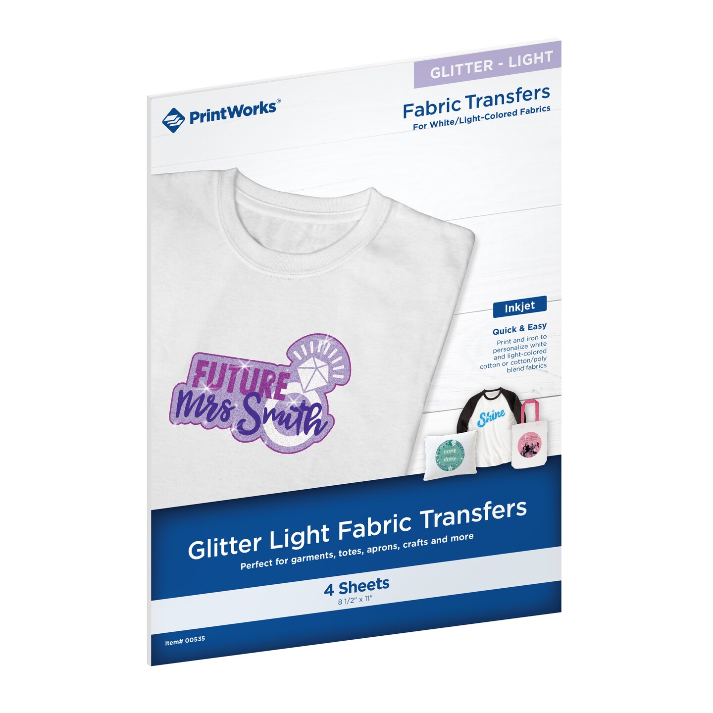 Printworks Glitter Light Fabric Transfers, for White/Light-Colored Fabrics, 4 Sheets, Inkjet, 8.5 x 11, (00535)
