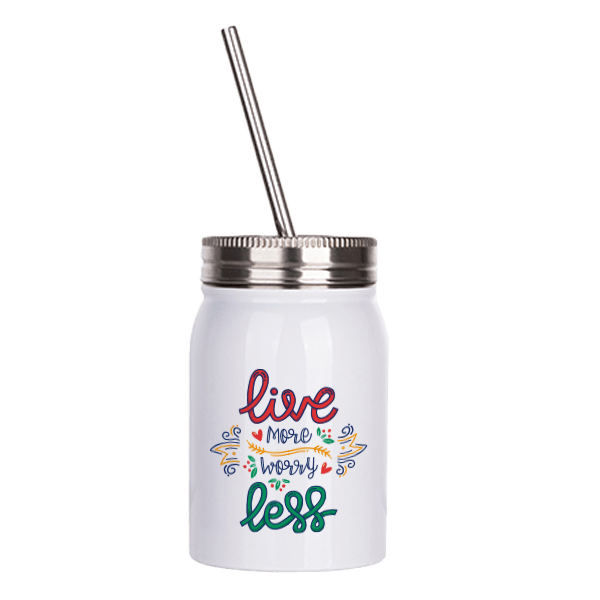 17oz Stainless Steel Mason Jar with Lid and Straw (White)