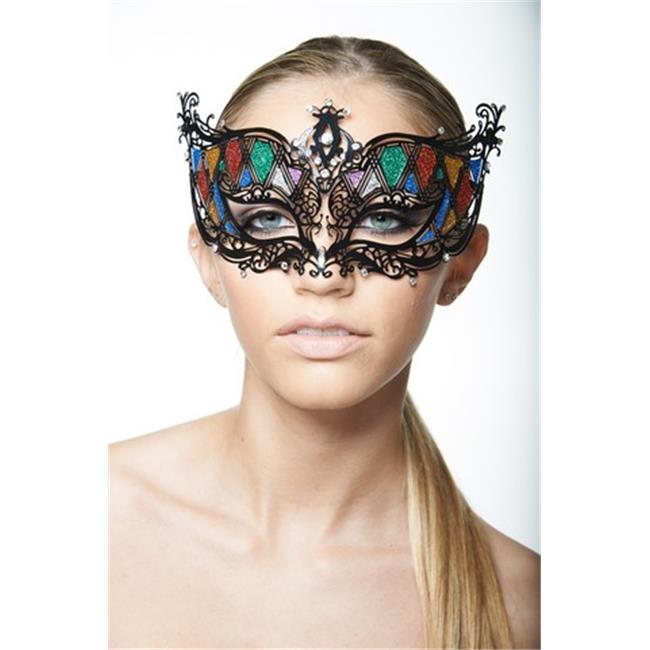 Kayso K2003BKRN Black Crosshatch Laser Cut Masquerade Mask with Rainbow