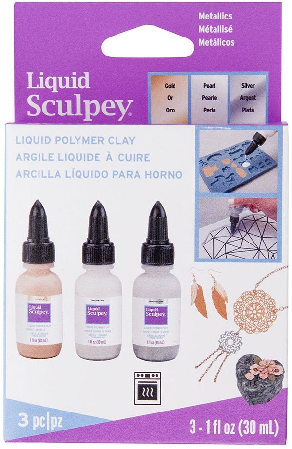 Sculpey Liquid Polymer Clay Metallics 3/Pkg-Pearl, Silver, Gold