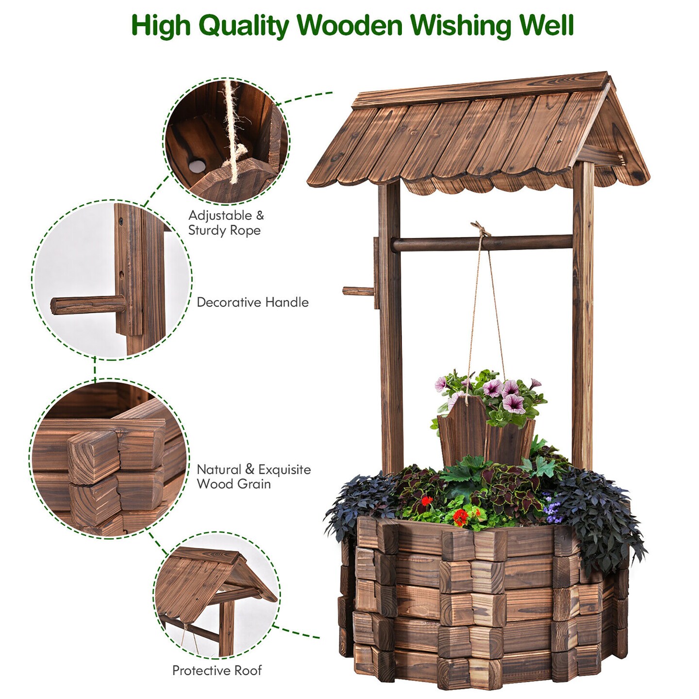 Costway Outdoor Wooden Wishing Well Bucket Flower Plants Planter Patio Garden Home Decor