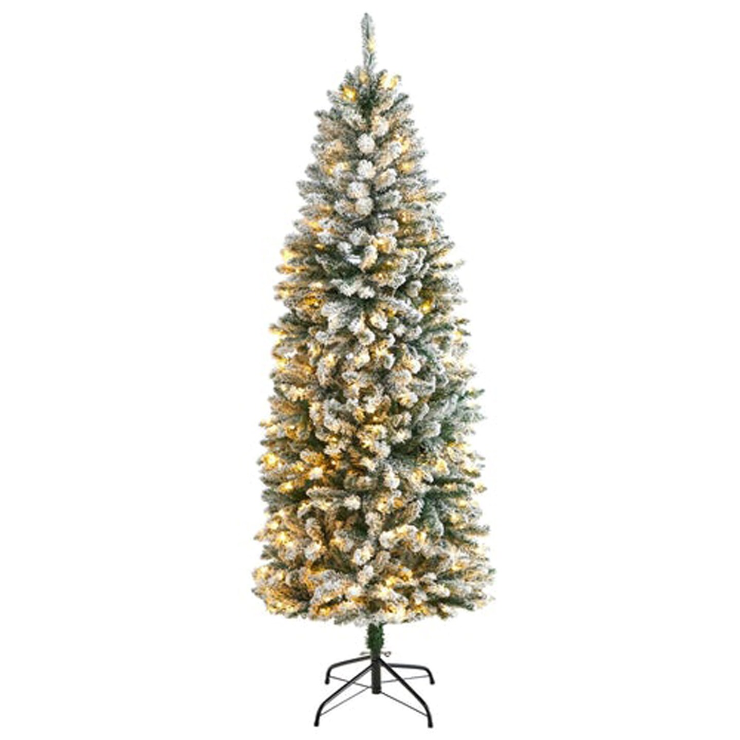 Nearly Natural Home Decorative 6' Slim Flocked Montreal Fir Artificial Christmas Tree with 250 Warm White LED Lights and 743 Bendable Branches