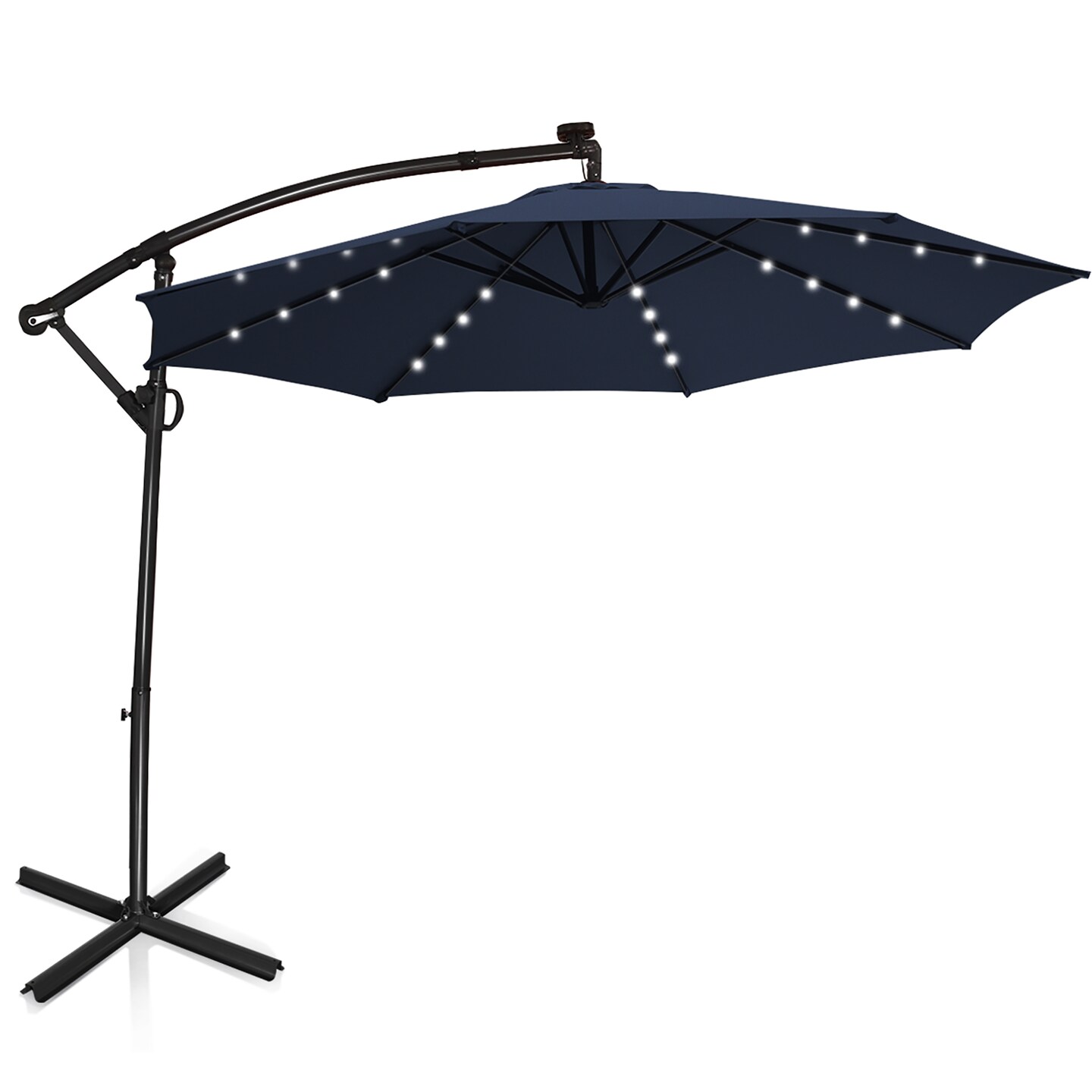 Costway 10FT Patio Offset Umbrella Solar Powered LED 360Degree Rotation Aluminum Navy
