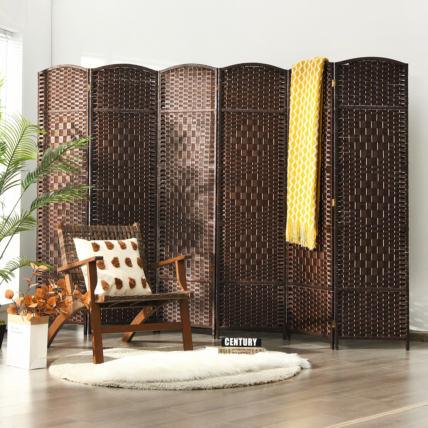 Costway 6-Panel Room Divider 6Ft Weave Fiber Folding Privacy Screen Brown\Black