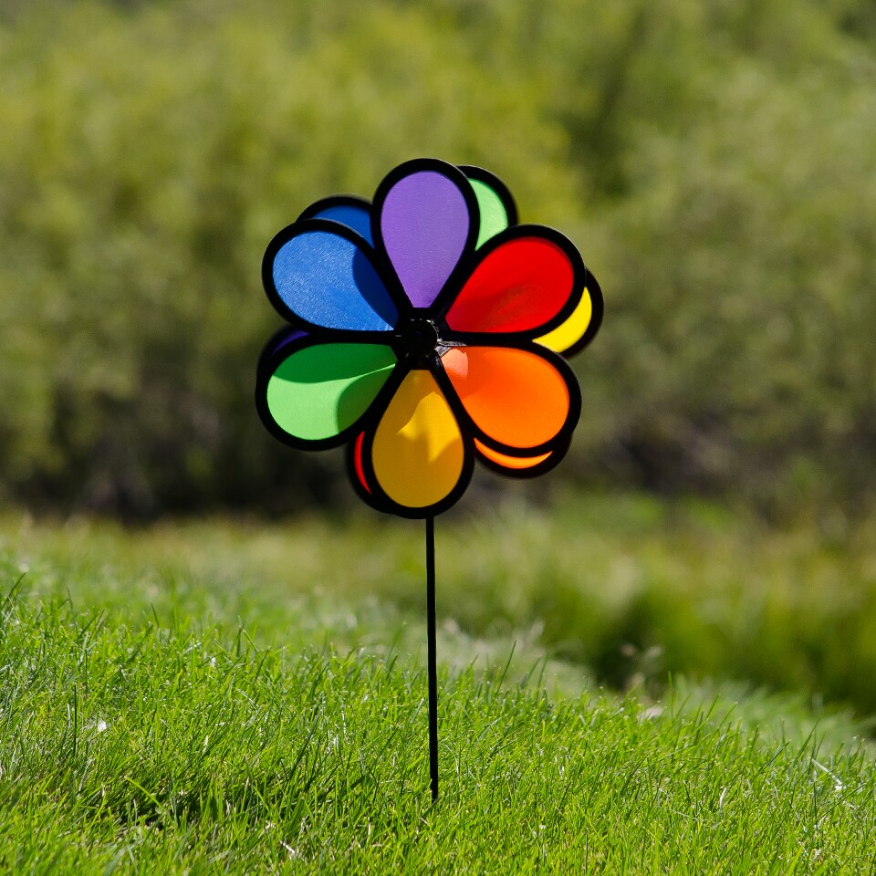 In the Breeze 10 Inch Rainbow Double Dazy Flower - Colorful Wind Spinner for your Yard and Garden