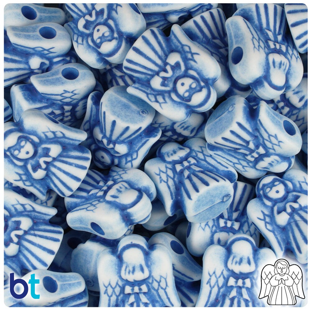 BeadTin White w/Blue Antique 22mm Angel Plastic Pony Beads (24pcs)