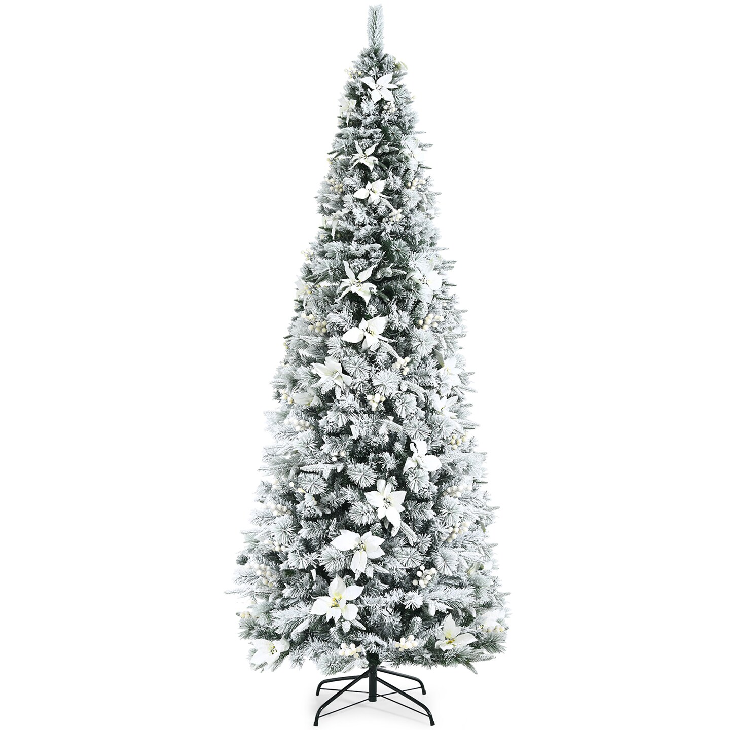Costway 5ft/6ft/7ft/8ft Snow Flocked Christmas Pencil Tree w/ Berries &#x26; Poinsettia Flowers