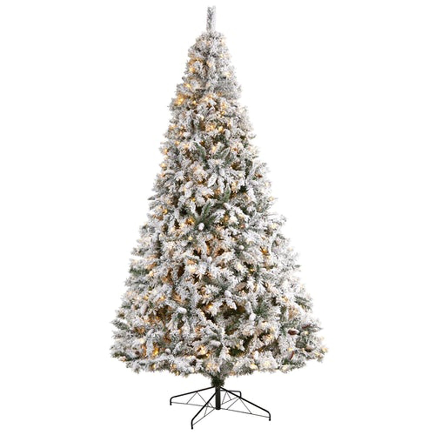 Nearly Natural Home Decorative 10&#x27; Flocked White River Mountain Pine Artificial Christmas Tree with Pinecones and 800 Clear LED Lights