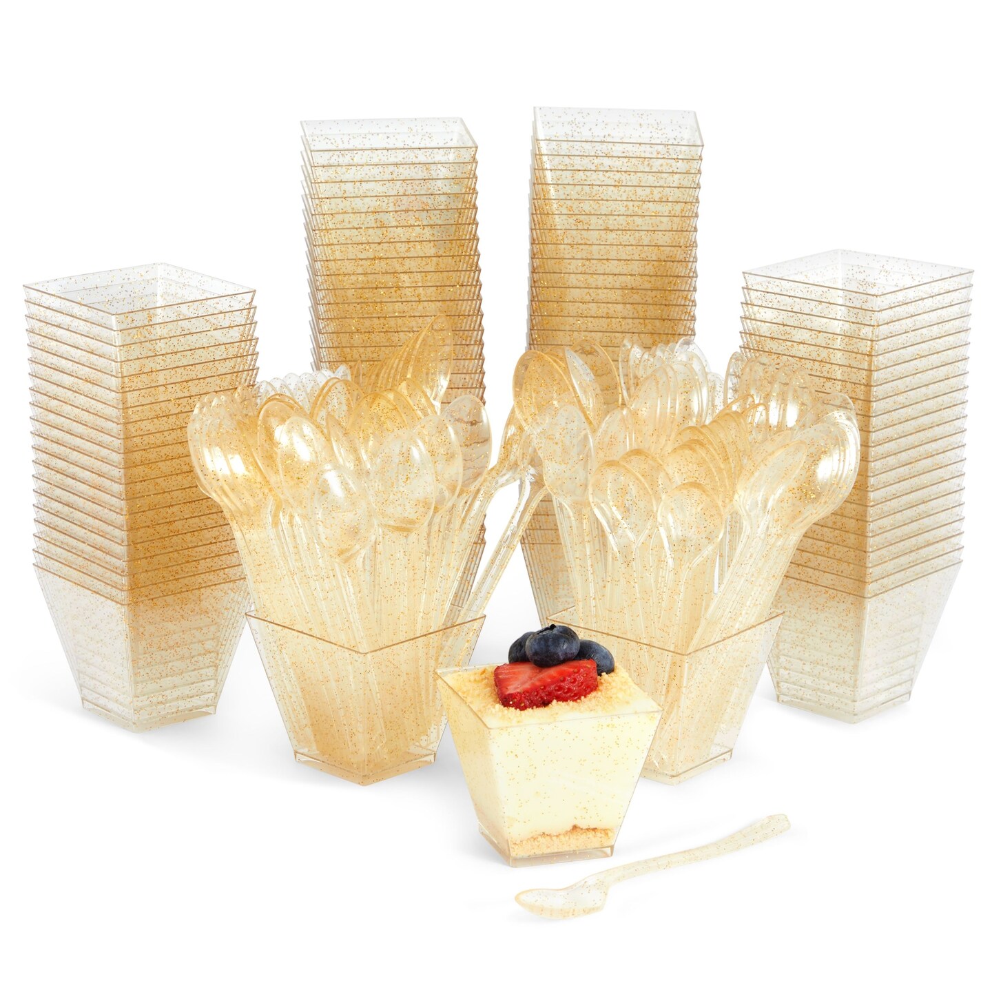 Gold Glitter Square Dessert Cups with Spoons for Birthdays, Wedding, Parties (2 oz, 200 Pack)