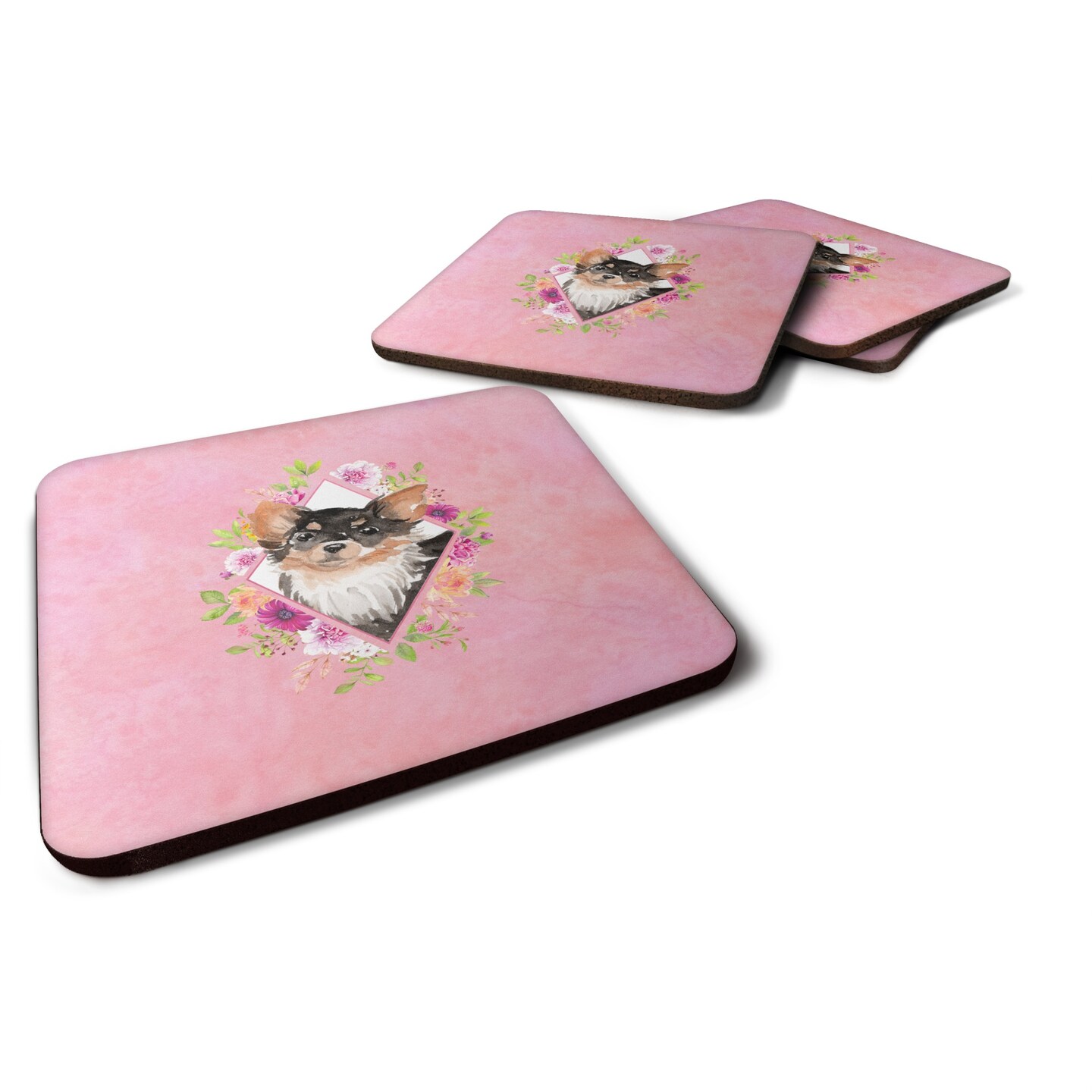 Caroline's Treasures CK4225FC Longhaired Chihuahua Pink Flowers Foam Set of 4 coasters, Multicolor