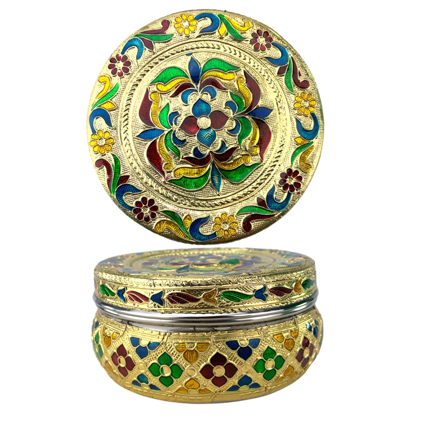 4ct Decorative Sweet Box Stainless Steel Small Round Storage Box Meenakari Container Laddu Box Spice Storage Unique Multipurpose Use Box Gift For Guest