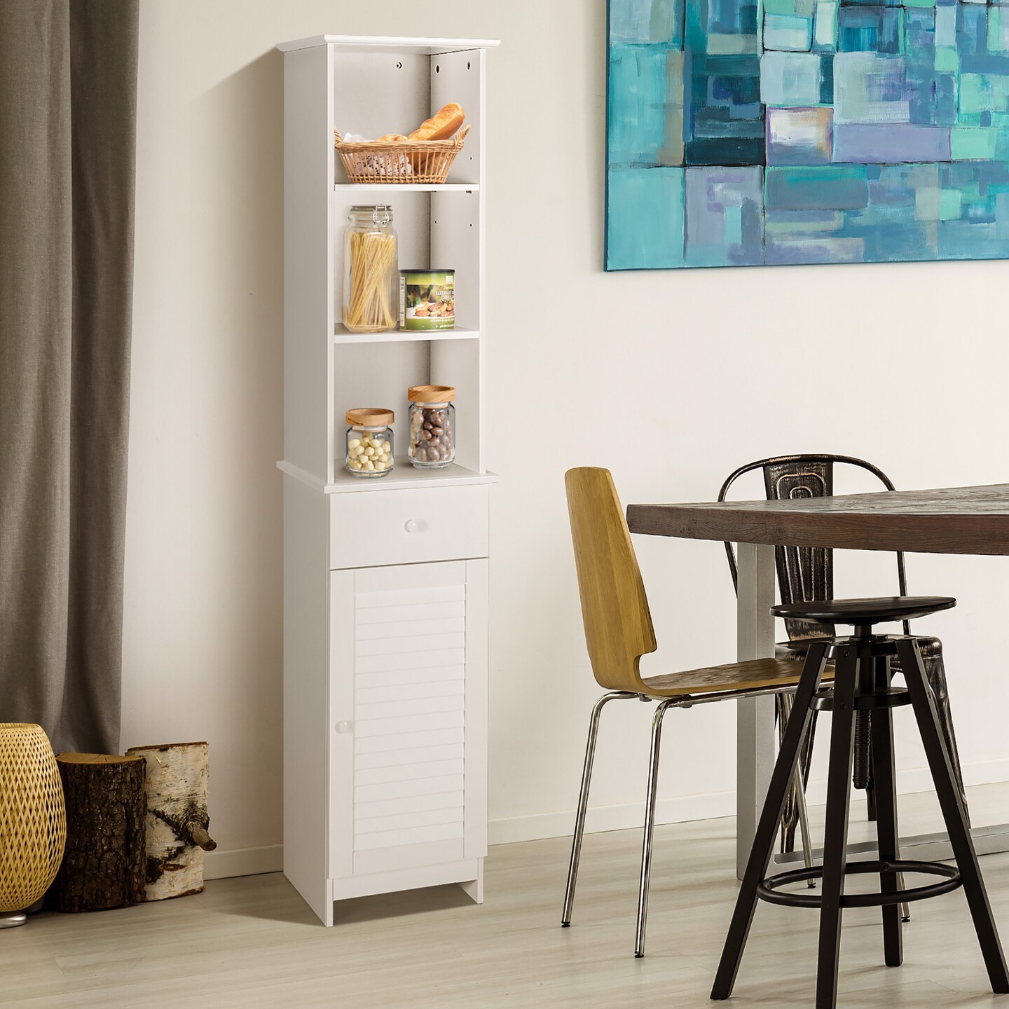Costway Bathroom Tall Storage Cabinet Freestanding Linen Tower w/ Open Shelves & Drawer