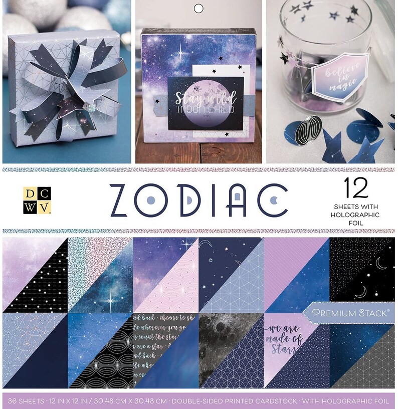 STACKS - DCWV - 12 X 12 - ZODIAC - HOLOGRAPHIC FOIL - DOUBLE SIDED (36 SHEETS) PS-005-00600