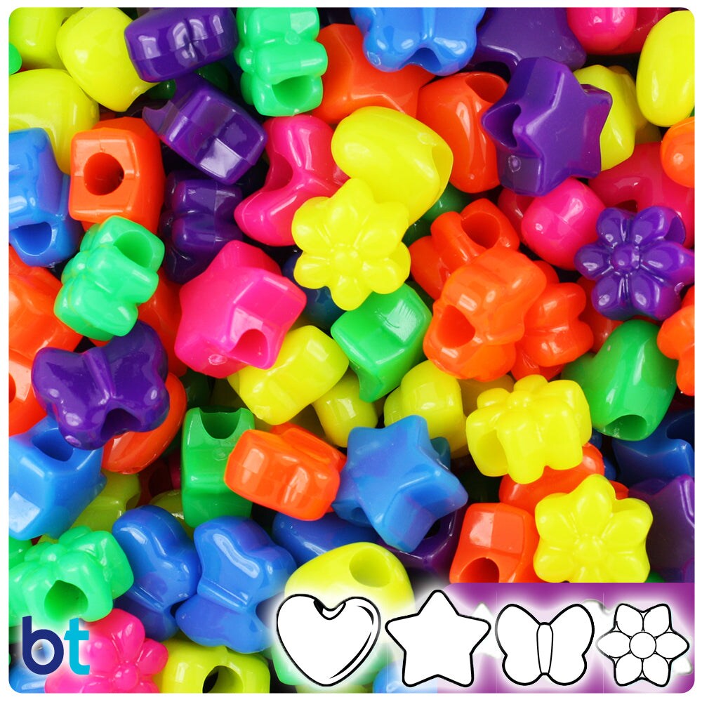 BeadTin Neon Bright Mix 13mm Small Shape Mix Plastic Pony Beads (4oz)