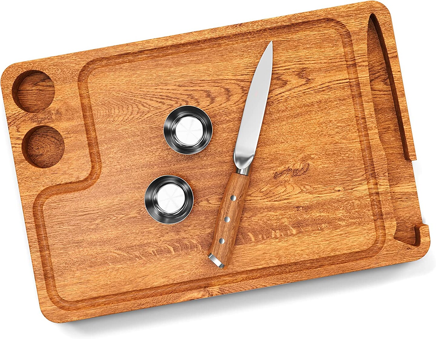 Yukon Glory Premium 100% Acacia Steak Board with Juice Groove, Steak Knife, and Condiment Cups