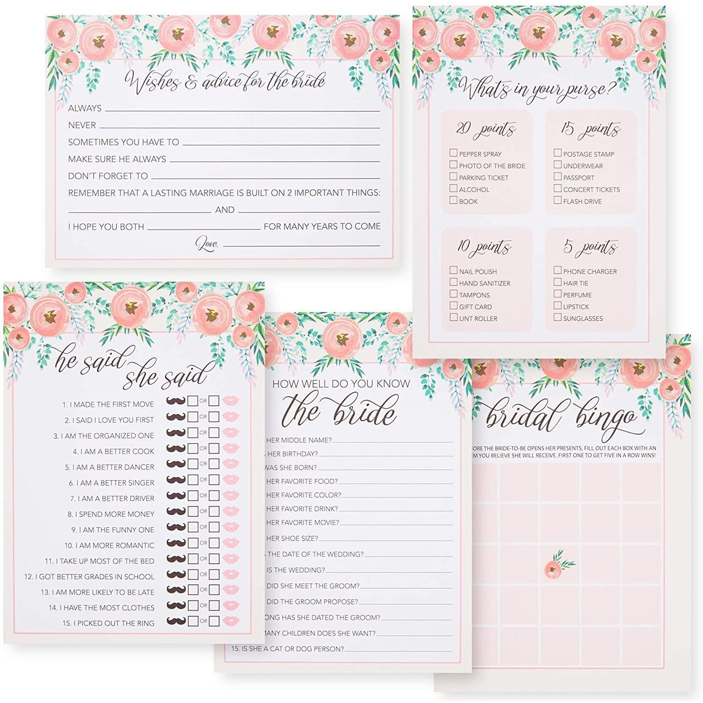 Set of 5 Pink Floral Bridal Shower Games for 50 Guests, Engagement Party Activities (5 x 7 In)