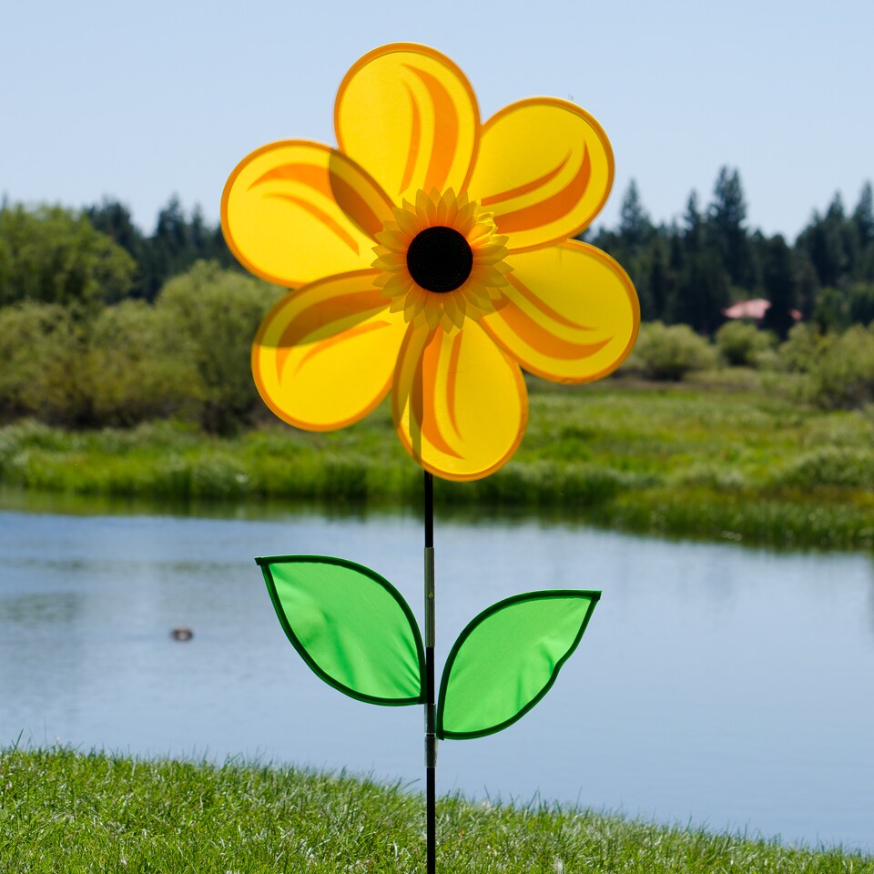 In the Breeze 19 Inch Yellow Sunflower Wind Spinner with Leaves - Includes Ground Stake - Colorful Flower for your Yard and Garden