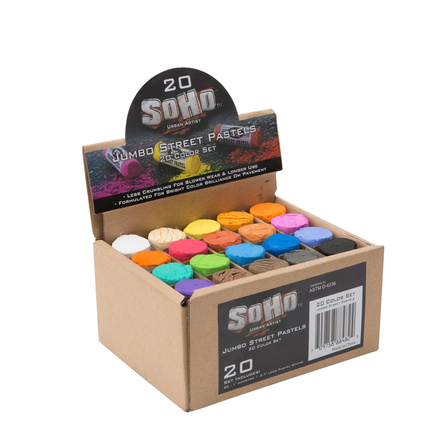 Soho Urban Artist Jumbo Sidewalk Chalk, Street Pastel Set - for Pavement, Sidewalks, Concrete, or Brick with Rich Pigments, Bright, Smooth and Durable - 20 Unique Assorted Colors