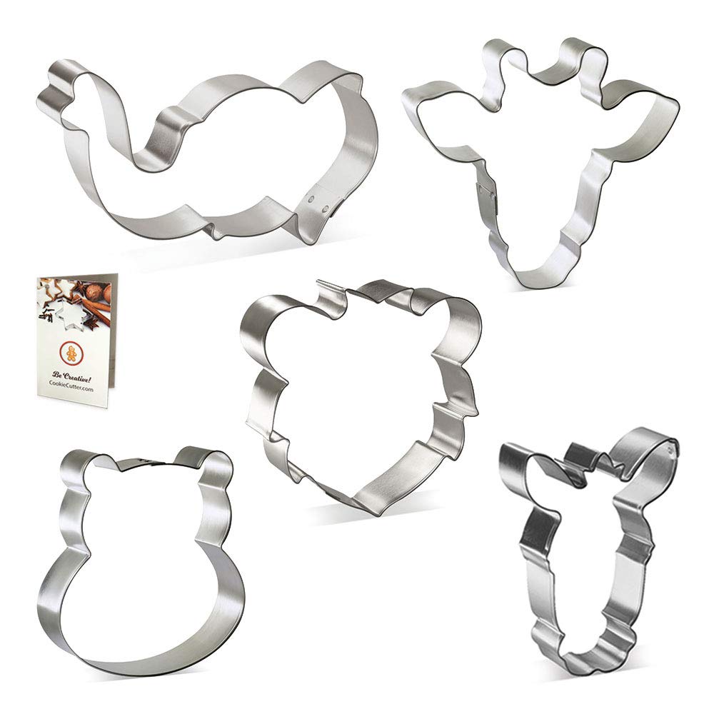 Jungle Safari Animal Faces Cookie Cutter 5 Pc Set, CookieCutter.com, Tin Plated Steel, Handmade in the USA