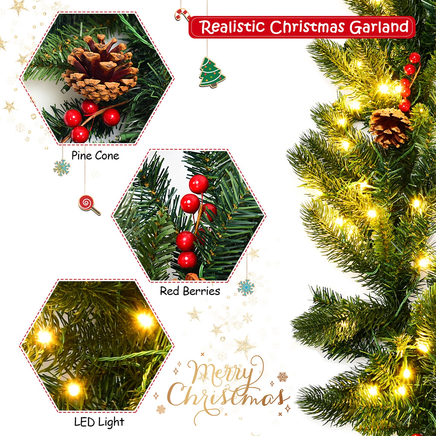 Costway 9Ft Pre-lit Artificial Christmas Garland Red Berries w/ 100 LED Lights &#x26; Timer