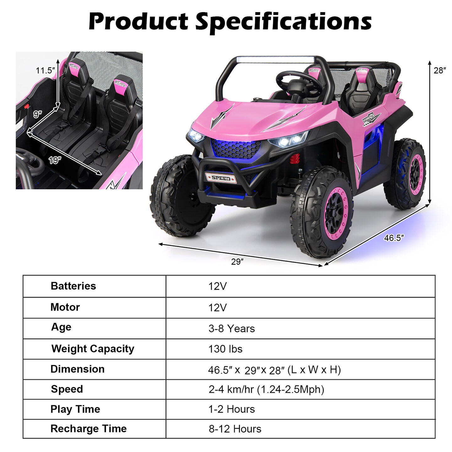 Costway 12V 2-Seater Kids Ride On UTV RC Electric Vehicle Suspension w/ Lights &#x26; Music