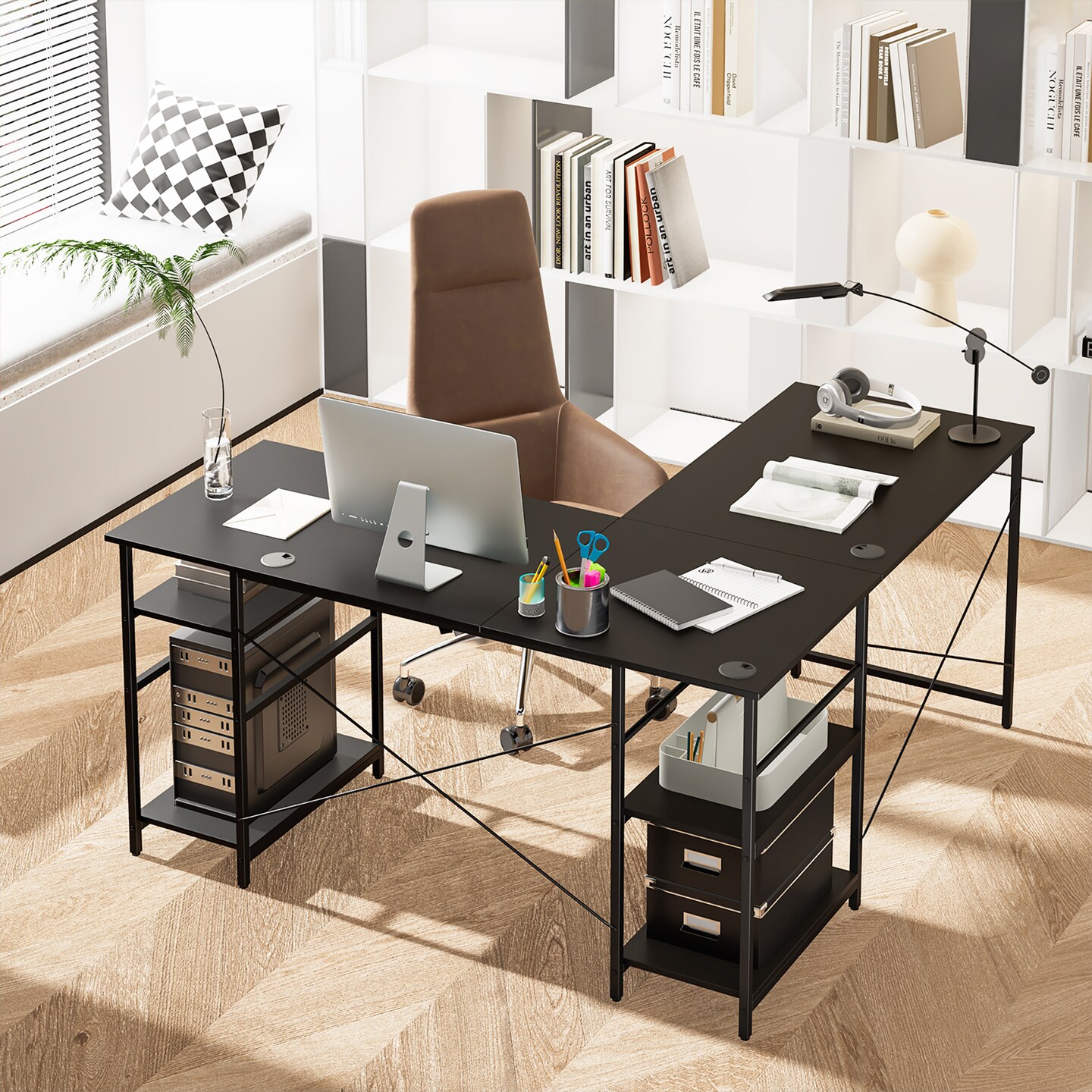 Costway 95&#x27;&#x27; Convertible L-shaped Corner Computer Desk 2-Person Long Desk Shelves Black
