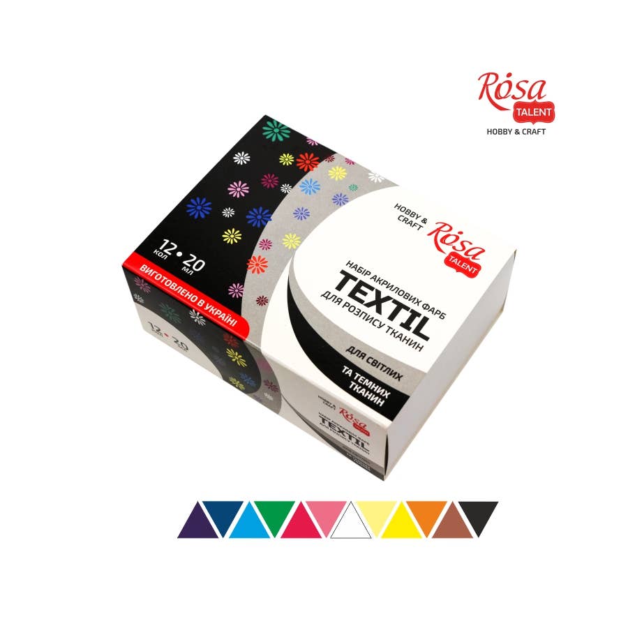 Set of acrylic paints for textile, 12col., 20ml, ROSA TALENT