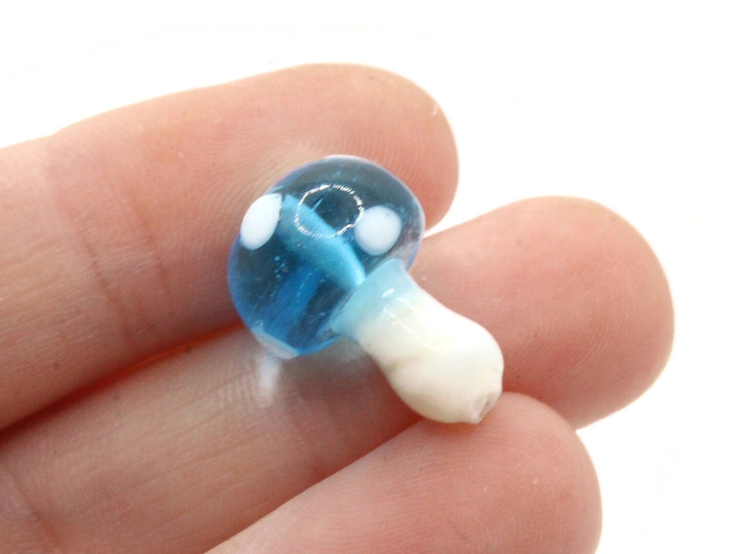6 19mm Bright Sky Blue and White Polka Dot Mushroom Lampwork Glass Beads