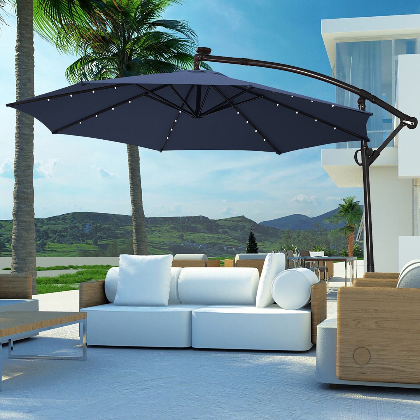 Costway 10FT Patio Offset Umbrella Solar Powered LED 360Degree Rotation Aluminum Navy