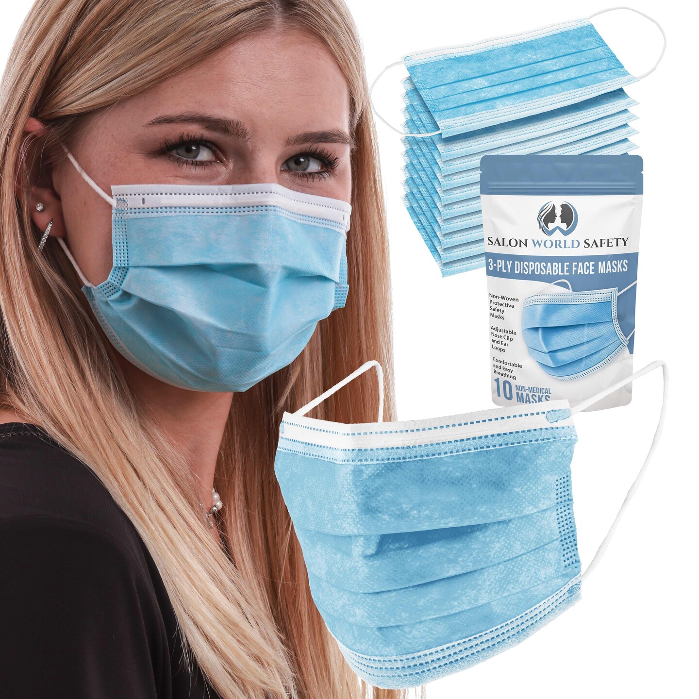 Sealed Package of 10 3 Layer Disposable Protective Face Masks with Adjustable Nose Clip and