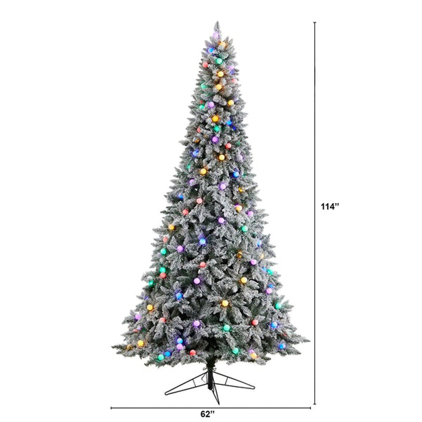 Nearly Natural Home Decorative 9.5&#x27; Flocked British Columbia Mountain Fir Artificial Christmas Tree with 150 Multi Color Globe Bulbs and 2297 Bendable Branches