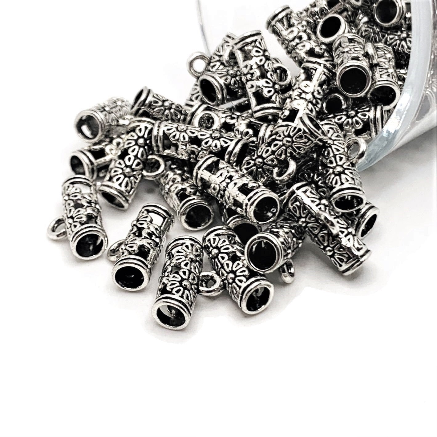 4, 20 or 50 Pieces: Silver Flowered Cylinder Bails
