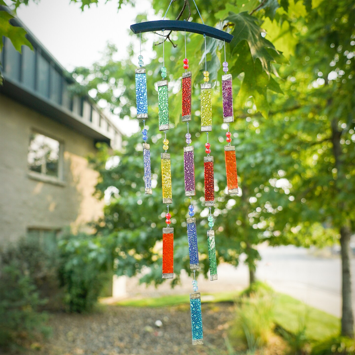In the Breeze 7026 — Rainbow Textured Tiered Glass Mobile Wind Chime - Colorful Hanging Suncatcher - Hanging Glass Decoration