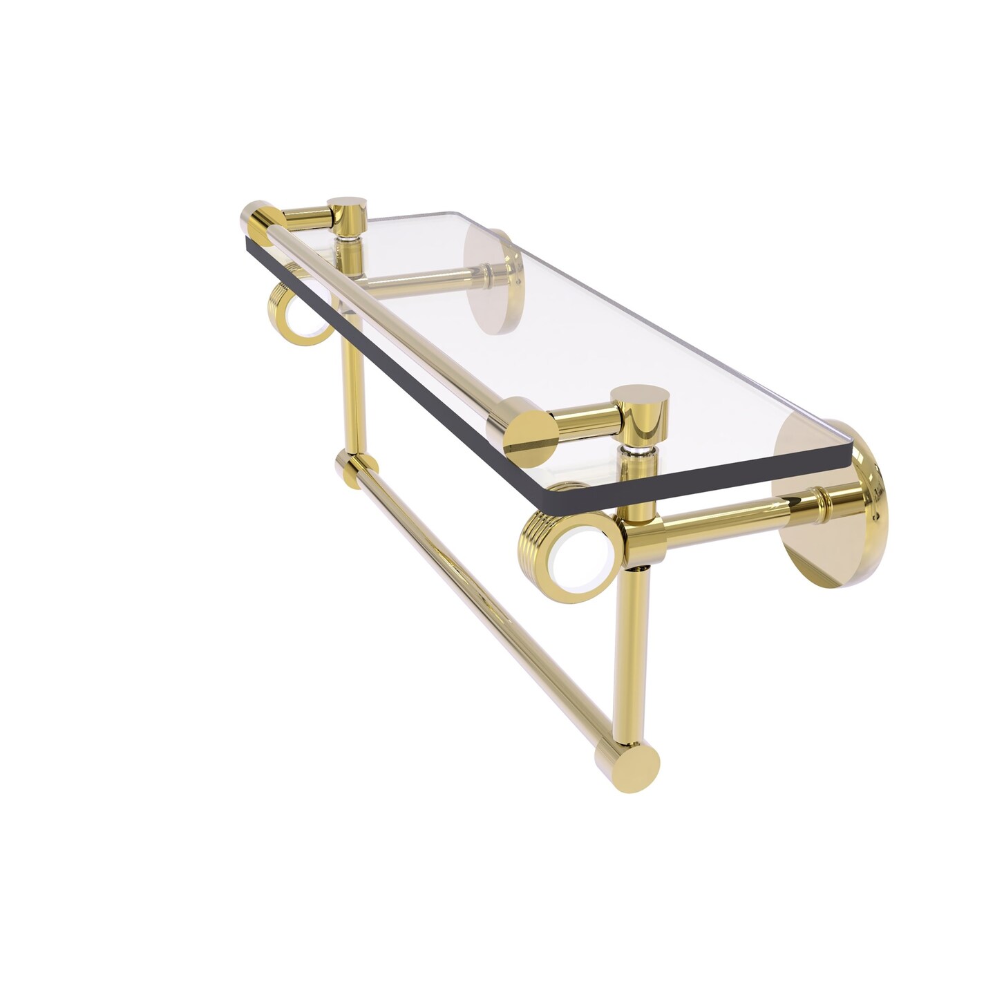 Clearview Collection 16 Inch Glass Gallery Shelf With Towel Bar And Groovy Accents - Unlacquered Brass