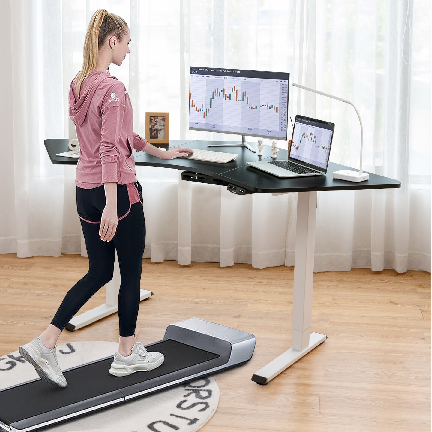 Costway Dual-motor L Shaped Standing Desk Ergonomic Sit Stand Computer Workstation Touch Control Panel Electric Height-adjustable Desk Home Office