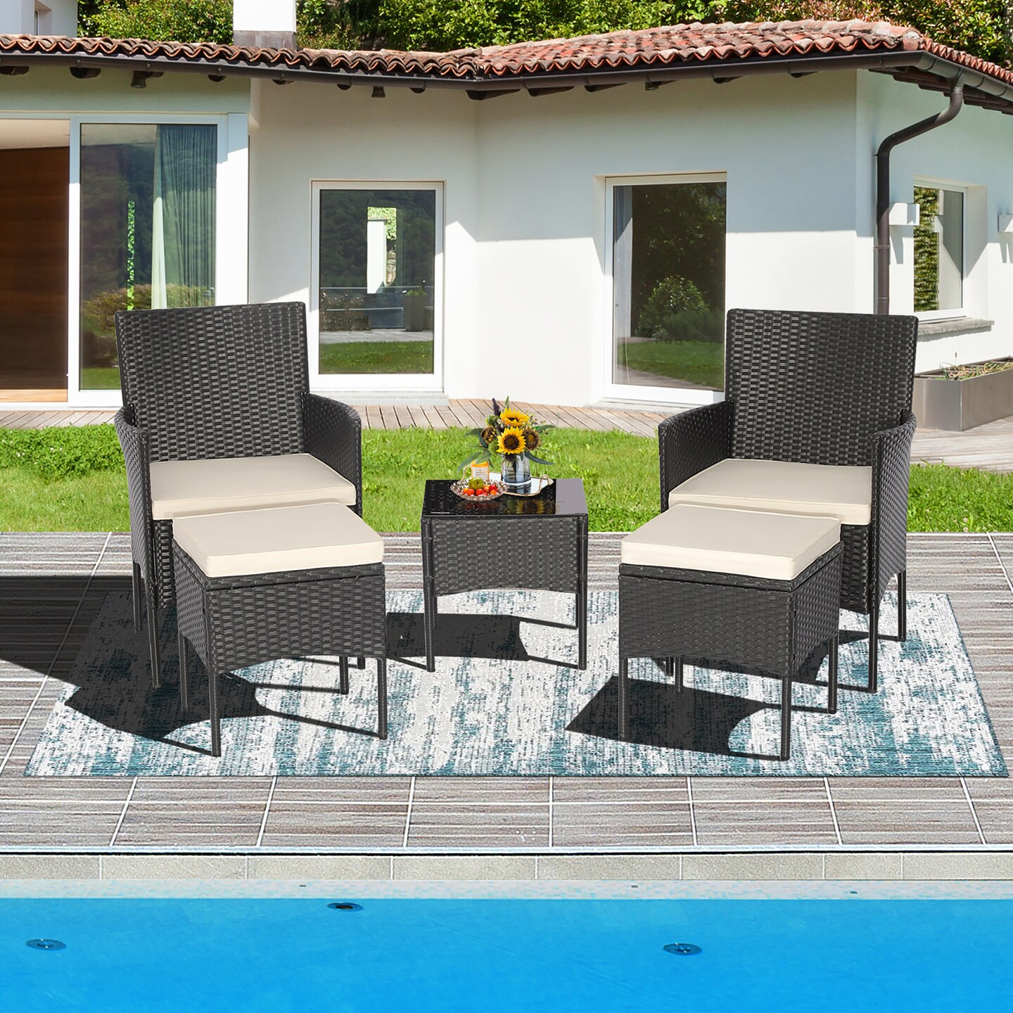 Costway 5PCS Patio Rattan Furniture Set Cushioned Sofa Ottoman Armrest Side Table Garden